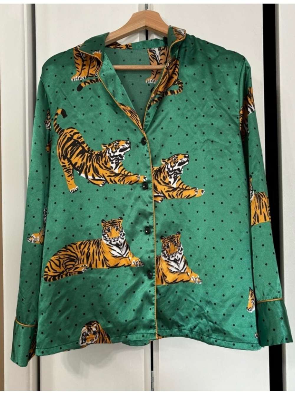 XL Silky Green Tiger Print Pajama Top / Dressy Blouse